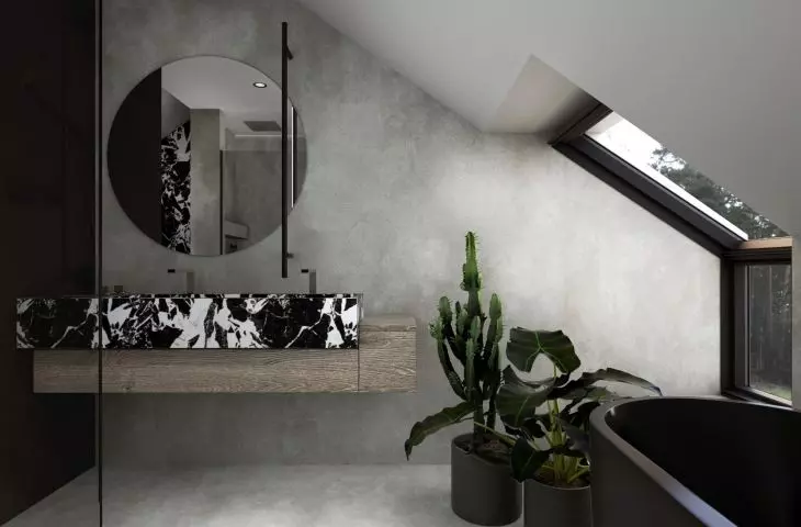 Beton ożywiony detalem – sztuka operowania kontrastem w stonowanej łazience