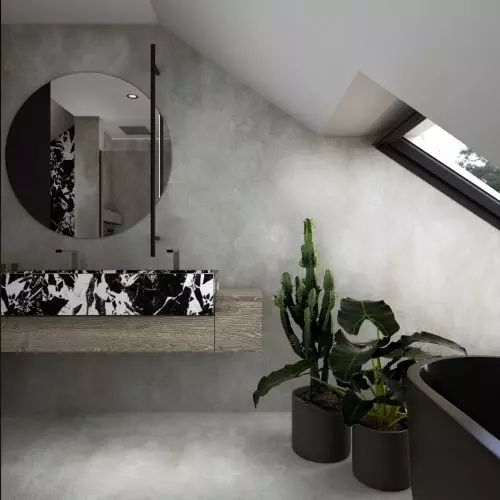 Beton ożywiony detalem – sztuka operowania kontrastem w stonowanej łazience