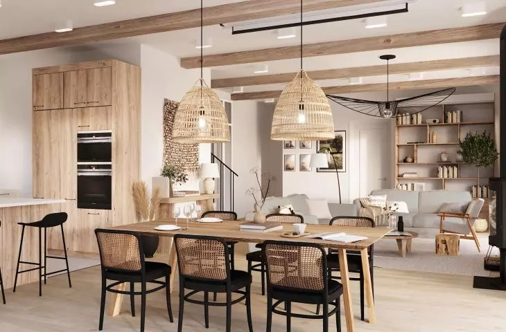 Eclectic casblanca, or space in soft beige and wood