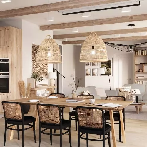 Eclectic casblanca, or space in soft beige and wood