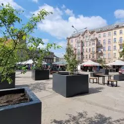 Nowe donice i ławki na uwolnionej od straganów części placu Bernardyńskiego w Poznaniu