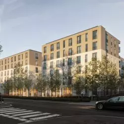 Projekt budynku mieszkalnego w kompleksie FMnW, widok od ul. Śniadeckich. proj. Inicjatywa Projektowa