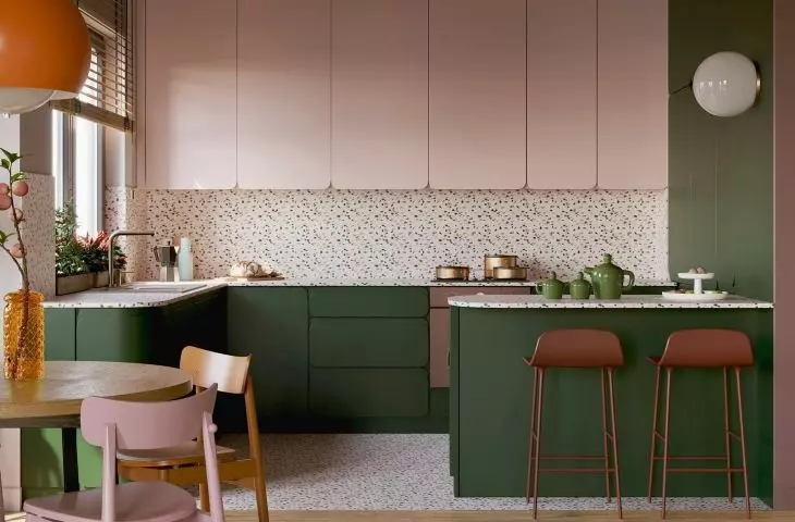Kuchnia z salonem w stylistyce modern retro