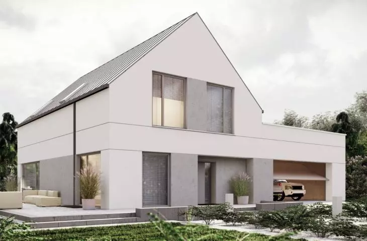 Projekt domu o minimalistycznej bryle z dwuspadowym dachem
