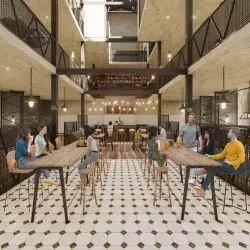 Wnętrze Ekologicznej Manufaktury Artystycznej, główna przestrzeń gastronomiczna
