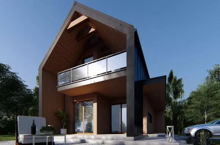 Projekt nowoczesnej stodoły z interesującym zadaszeniem balkonu