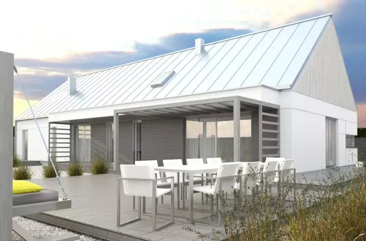 Projekt nowoczesnej, geometrycznej bryły z prostym dwuspadowym dachem, w typie nowoczesnej stodoły.