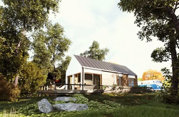 Kompaktowy dom o nowoczesnej bryle i dwuspadowym dachu