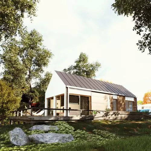 Kompaktowy dom o nowoczesnej bryle i dwuspadowym dachu