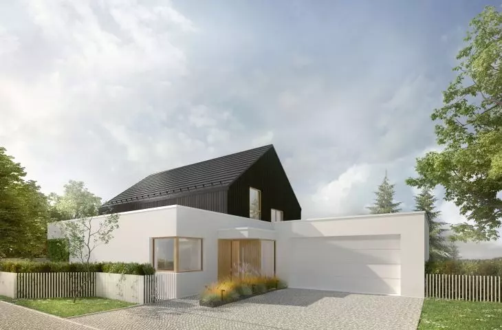 Design of a house with a modernist first floor body and a gabled upper floor.