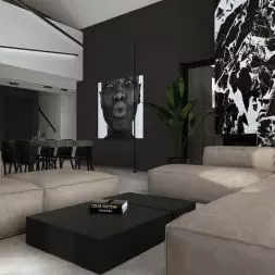Ciemne wnętrze salonu z jasnymi dodatkami