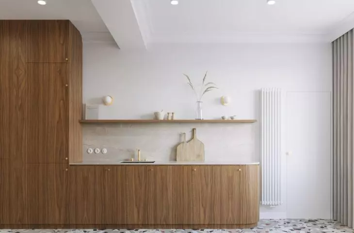An interior that combines wood, white and terrazzo