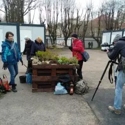 wolontariusze budują miasteczko dla migrantów w jednym z lwowskich parków
