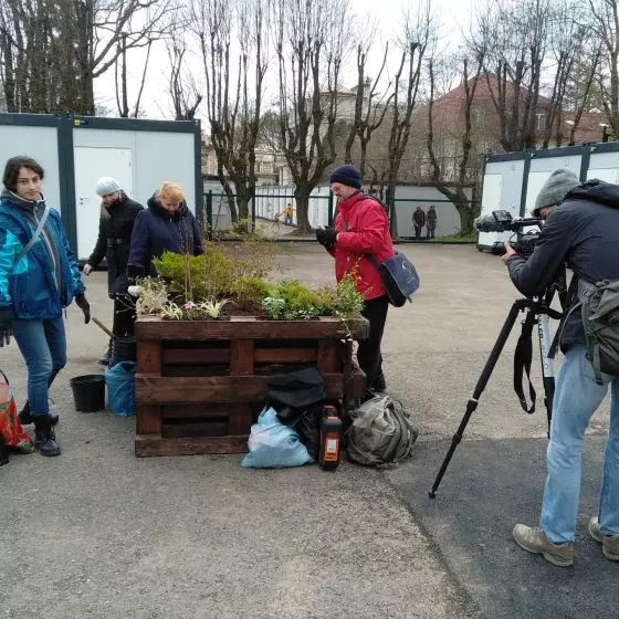 wolontariusze budują miasteczko dla migrantów w jednym z lwowskich parków