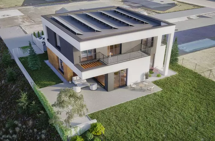 nieKostka - project of a two-storey single-family house on a plot with a slope