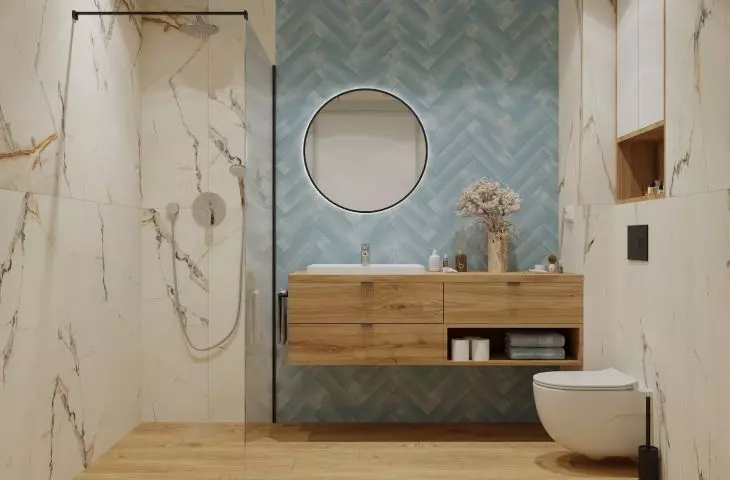 Unique bathroom with blue tiles