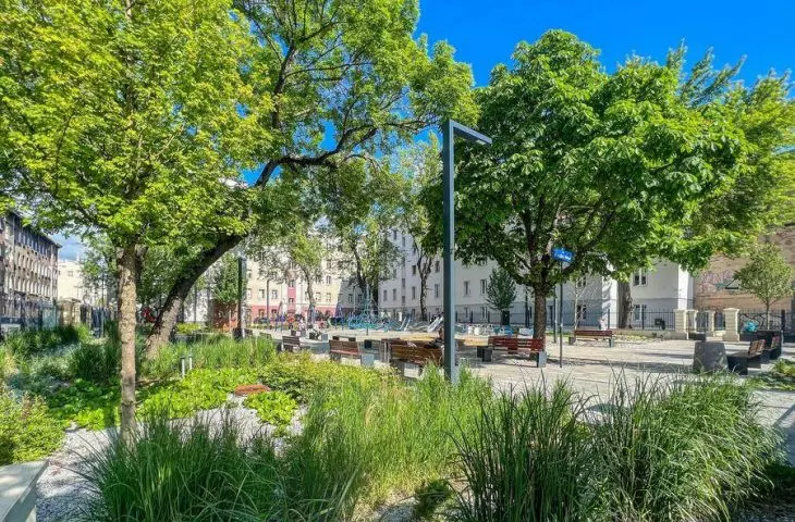 There was a parking lot, there's a square. New pocket park in Lodz