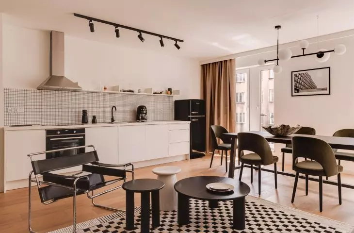 Stylish rest in Cracow. Interior of aparthotel in mid-century style