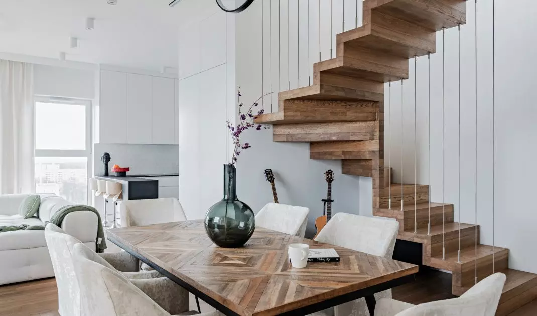 Living area with unique staircase