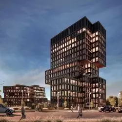 Biurowiec przy rondzie Rataje i ul. Komedy w Poznaniu, wizualizacja, widok z ronda od zachodu, proj. EASST Architects