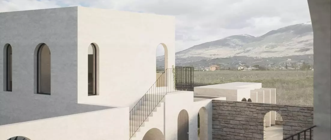 Degustacja wina z widokiem na Apeniny. Konkursowy projekt domków gościnnych