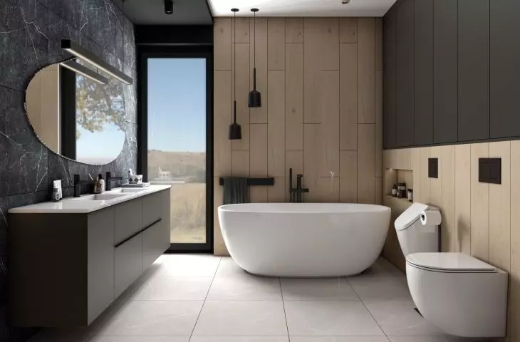 Bathroom in shades of gray and wood