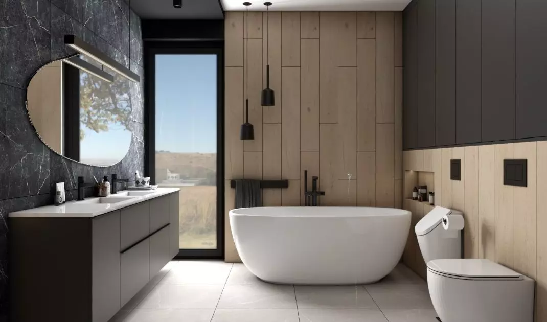 Bathroom in gray, black and wood