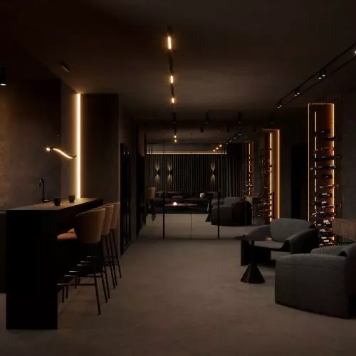 A cinema room with a wine cellar and a double office room, the interiors of a luxury villa