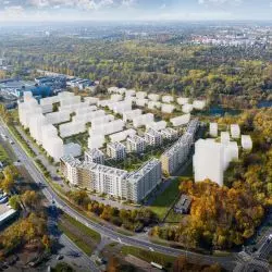 Osiedle Portowo w Poznaniu, masterplan, wizualizacja, widok z lotu ptaka znad ronda Starołęka