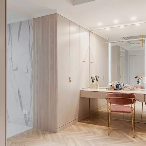 Dressing room and bathroom in glamour style