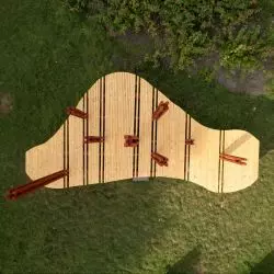 Mood for Wood 2023, edycja II, Poznań, sierpień '23, instalacje na skwerze przy ul. Wspólnej, proj. grupa pod kierunkiem Karola Szparkowskiego i Moniki Ryszki;