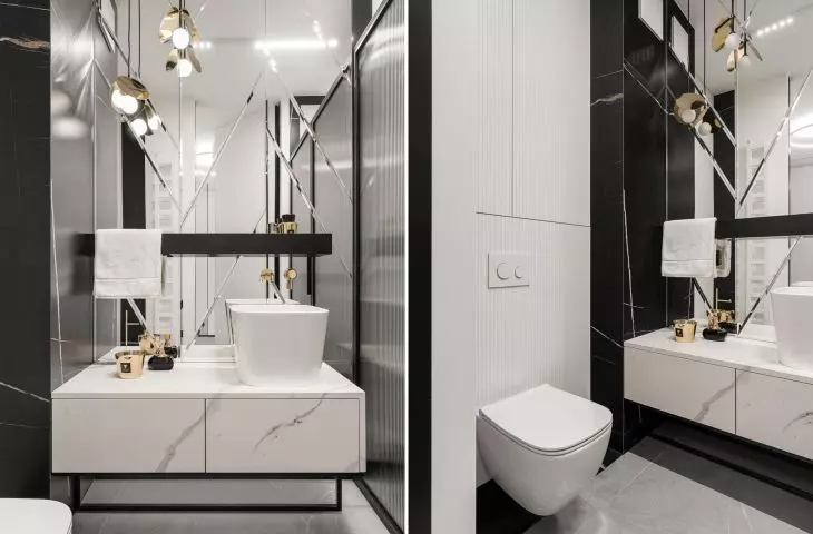 Guest bathroom with a unique mirror