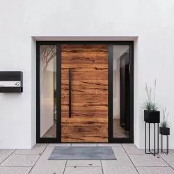 Drzwi ThermoSafe Decoral, wzór 860, powierzchnia Attic Wood, ościeżnica w kolorze RAL 9005, opcjonalne elementy boczne