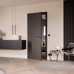 Drzwi drewniane ProLine, bezprzylgowe, powlekane matowym lakierem w kolorze RAL 9005, klamka Linea Planar black.edition, bez otworu na klucz