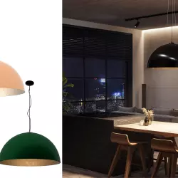 Na zdjęciu lampa Luminato: czarny półmat; butelkowa zieleń mat oraz Peach Fuzz,