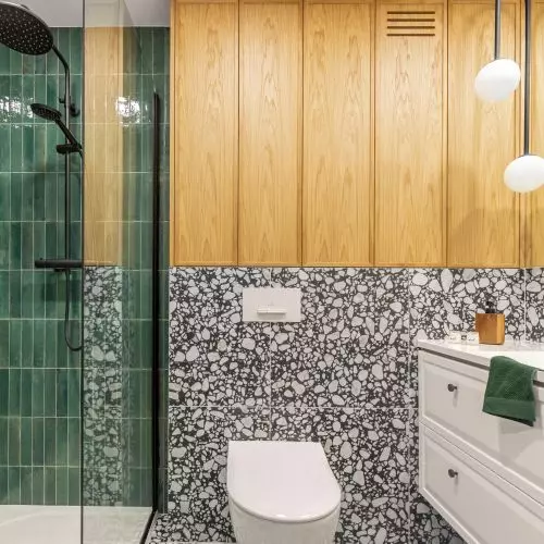 Patterned tiles in two ways. Bathrooms designed by Weronika Budzichowska of To Be Design.