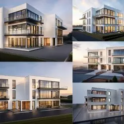 Koncepcyjne widoki modelu wykonane narzędziem AI Visualizer w programie Archicad 28