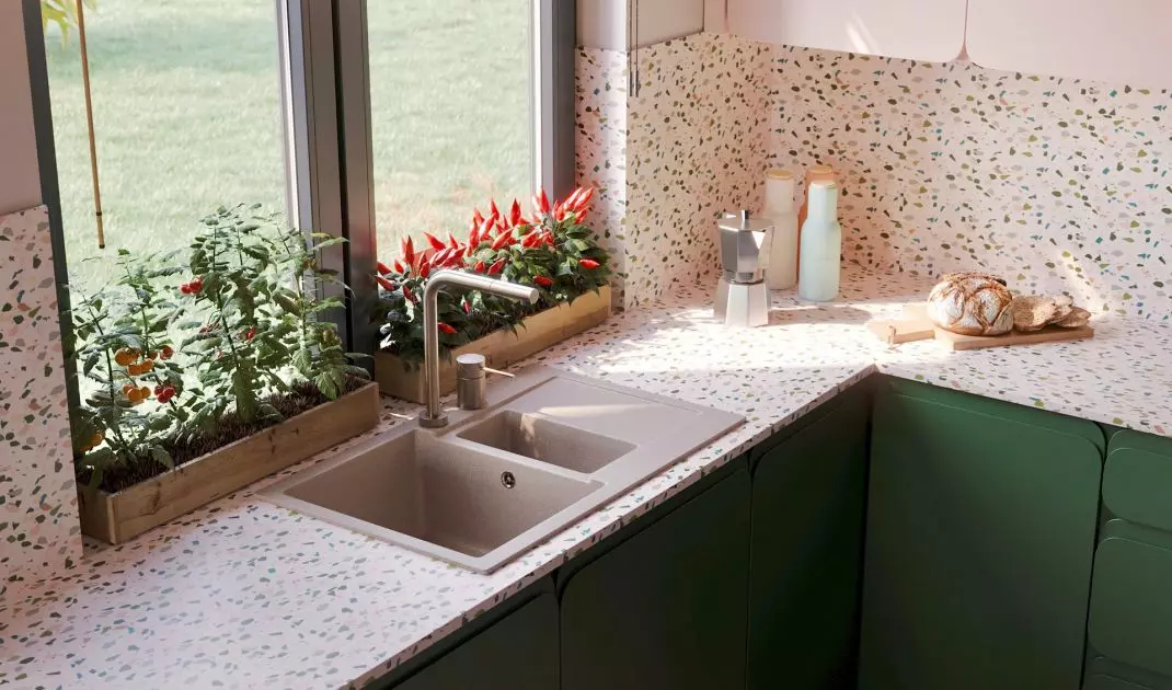 The wall above the countertop in the kitchen