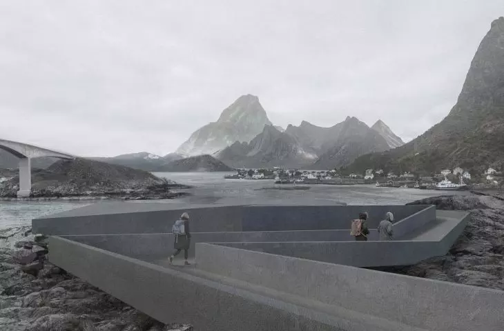 Architecture of the water and land border. Tourist center in Norway