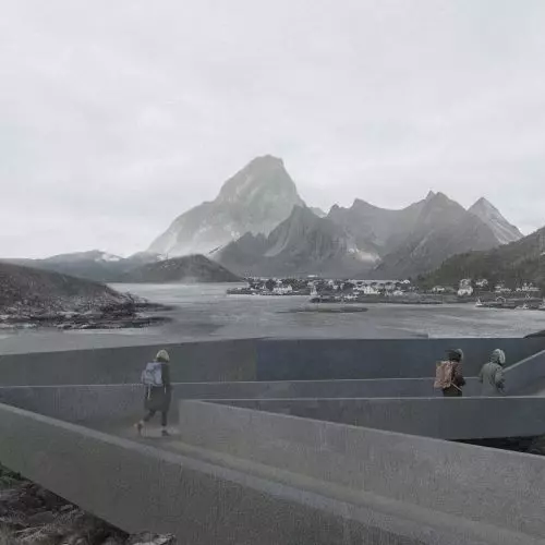 Architecture of the water and land border. Tourist center in Norway