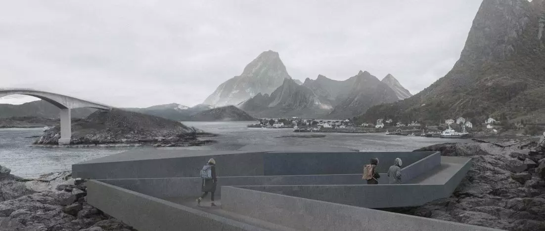 Architektura pogranicza wody i lądu. Centrum turystyczne w Norwegii
