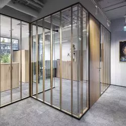 Dwuszybowy system ścian szklanych GSW Office Plus z wewnętrznymi szprosami endoFin
