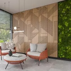 Panele akustyczne DIAGONALE fornirowane w formacie Large 50 x 280. Zabezpieczone lakierem trudnopalnym