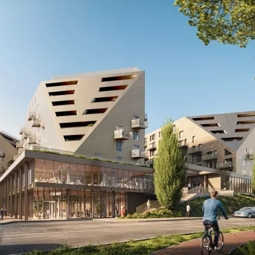 Slanted facade cuts. Hotel and dormitory from BJK Architects.