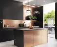 Tops - Black 999 PT and Diamond Grey 963 ST9 Decorative panel - Brushed Copper furniture board Fronts - Black 999 PT furniture board