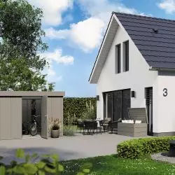 Domek Juno, dach 1-spadowy Design, kolor RAL 9007, wielkość JFD 13 oraz skrzynia ogrodowa, typ 1320, kolor RAL 9007