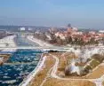 Berdychov bridges in Poznań, February 2025, drone view towards the cathedral