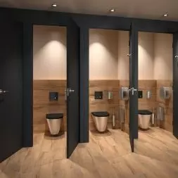 Czarny system spłukiwania bezzbiornikowego TEMPOMATIC Dual Control i WC z Inoxu od DELABIE