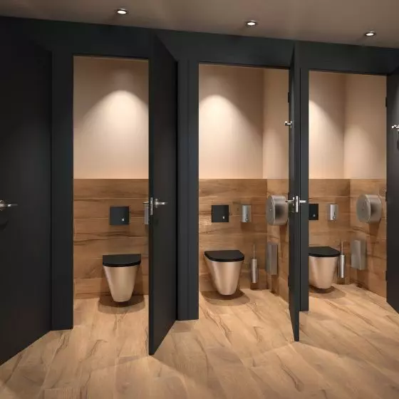 Czarny system spłukiwania bezzbiornikowego TEMPOMATIC Dual Control i WC z Inoxu od DELABIE