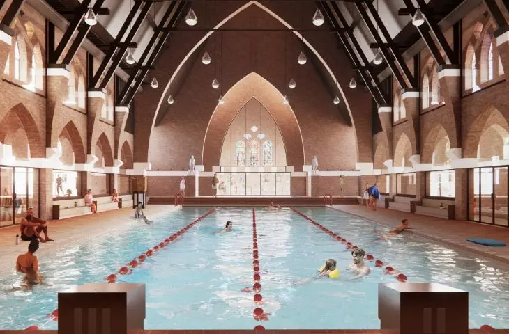 Basen w kościele? MVRDV prezentuje nietypowy projekt transformacji świątyni w Heerlen